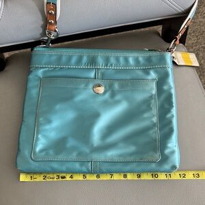 Coach Teal Blue Crossbody Bag with Tan Strap Accents